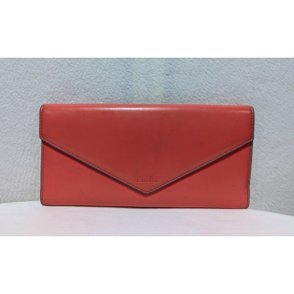 Lodis Envelope Flap Wallet Clutch Smooth Leather Salmon Teal Snap Closure